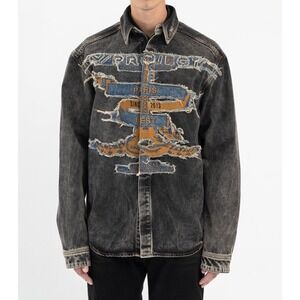 Y/PROJECT Paris Best Patch Distressed Denim Oversized Shirt Vintage Black Sz XS‎